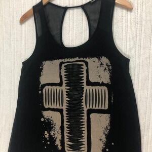 Double Zero Black Tank Top Cross Graphic Sleeveless‎ Casual Top Size M